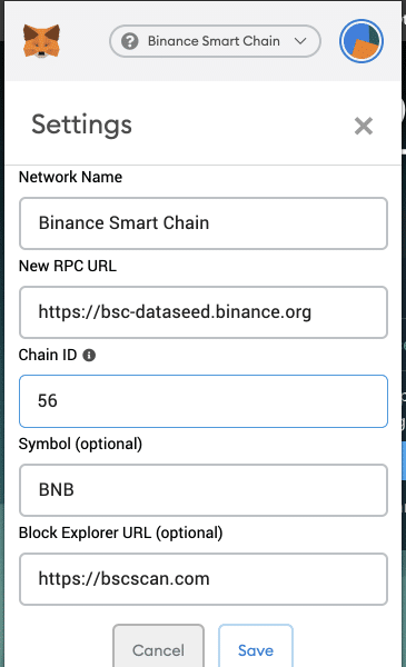 binance公式でmetamaskの設定画面