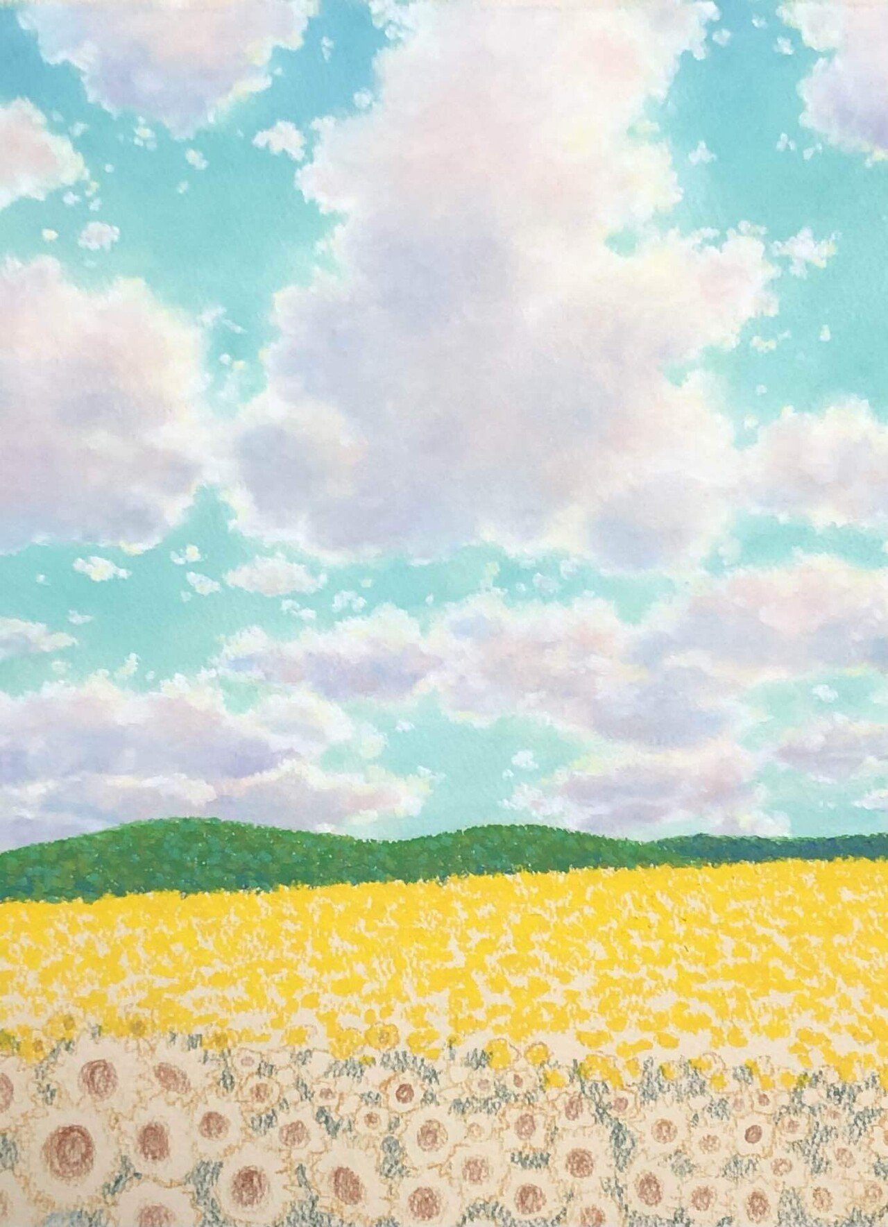 『夏の崖と波しぶき』　オイルパステル画　B4サイズ 夏の崖と波しぶき』 オイルパステル画 B4サイズ （マージナル
