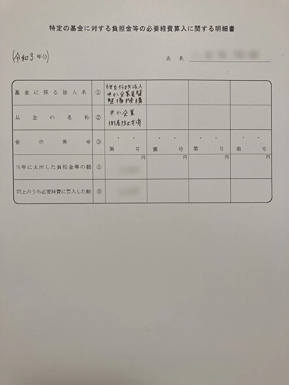 特定の基金に対する負担金等の必要経費算入に関する明細書