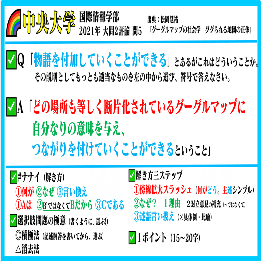 中央大学 現代文 過去問 21年 松岡慧祐 グーグルマップの社会学 ググられる地図の正体 大問2評論 問5 読解力筋トレ かてこく 中央 読解力 コミュニケーション 誰もが先生になれる社会に Teacherdao Tdao 先生dao 月間30万ビュー Note