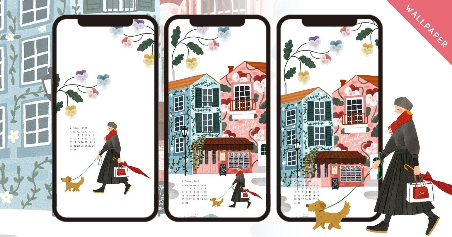22年2月カレンダー付おしゃれ壁紙 スマホ用 あなんよーこ イラストレーター Note