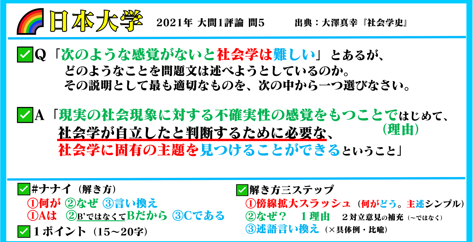 🌈#日本大学 #過去問 #国語 2021年 ✓『社会学史』大澤真幸 大問1評論