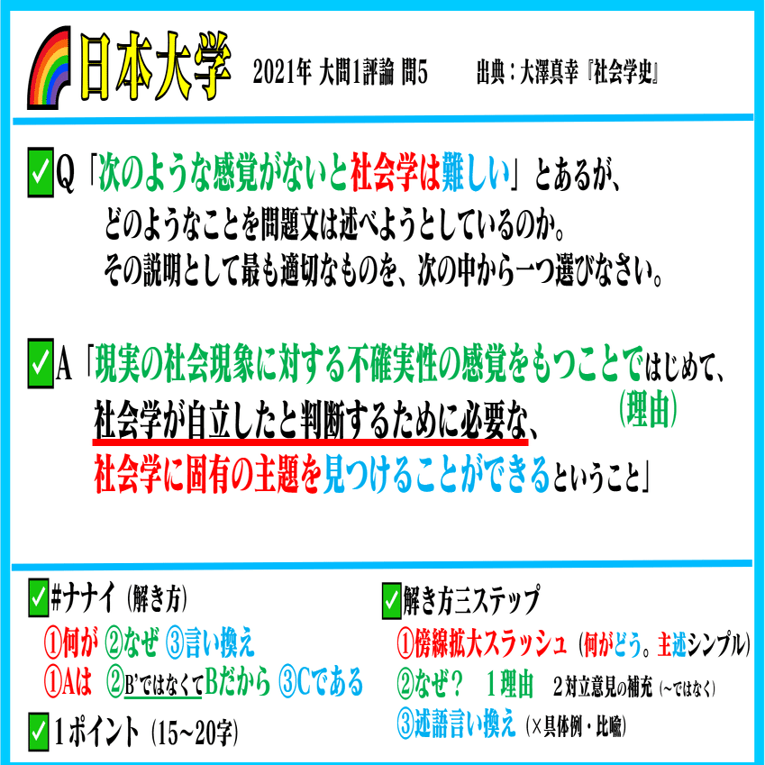 日本大学 過去問 国語 21年 社会学史 大澤真幸 大問1評論 問5 読解力筋トレ 現代文 かてこく Note 教育 日大 読解力 コミュニケーション リーダーシ 誰もが先生になれる社会に 分散型自律組織 しゃかせんb Dao 社会人先生メンバ1000人に