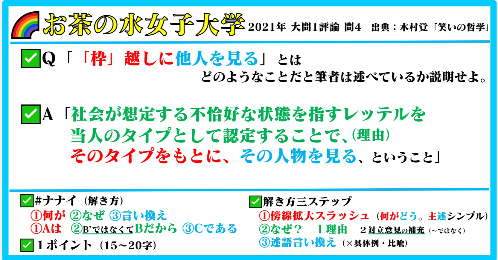 🌈#お茶の水女子大学 #過去問 #国語 2021年 ✓『笑いの哲学』木村覚 大