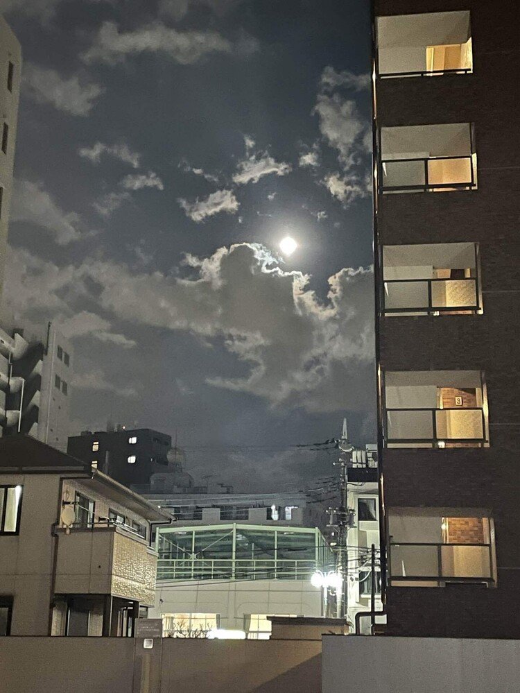 今夜日付が変わるとまもなく月は15.0満月となる。夕方から力強い光を放つ月が上がってきている。18時50分、川崎市新丸子の月。