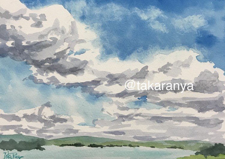 最近、病院での待ち時間に絵の下書きを描くことが多く、今日もそうやって描いてそのままになっていた夏の雲の絵を塗って仕上げました。