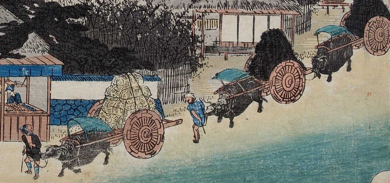 旧東海道歩き174 牛車と車石と浮世絵に描かれた馬と牛｜いりの
