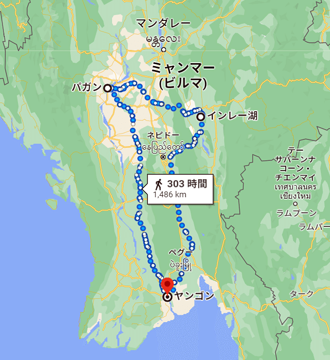 ミャンマーの旅行程地図