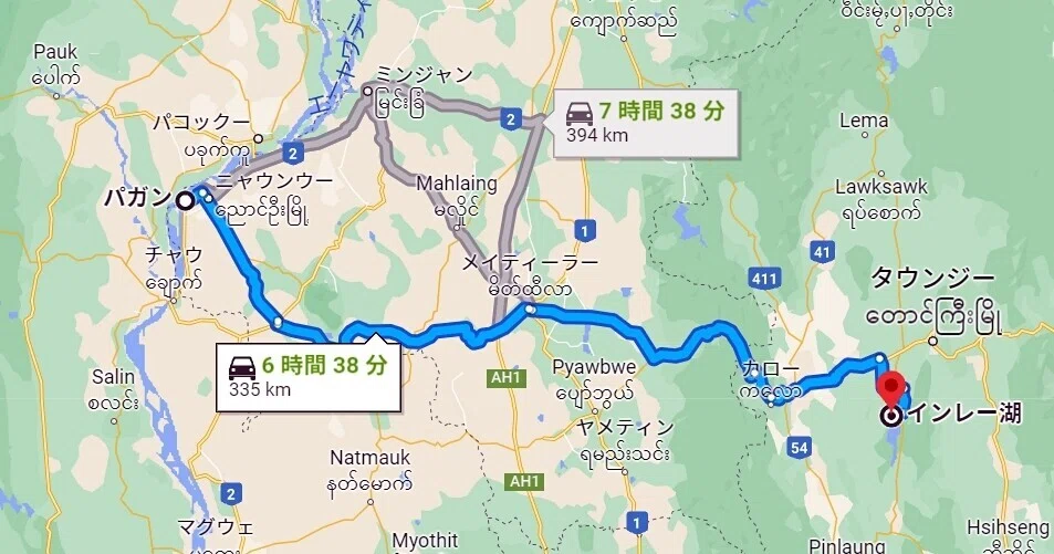 バガン～インレー湖行程図