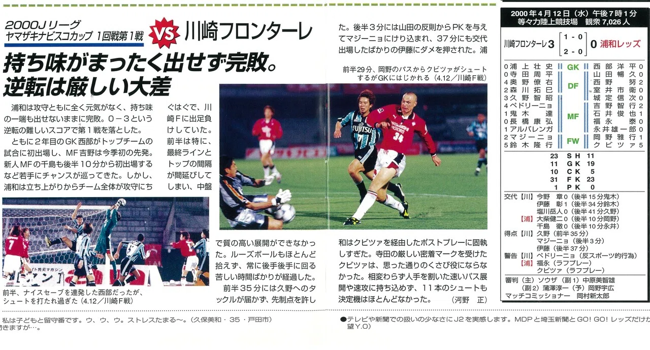 4月12日（2000年） J1をなめてはいけない、川崎に完敗のナビスコ第1