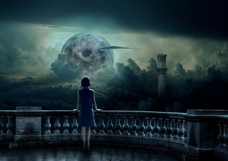 イラスト・女性・月・テラス・バルコニー・悲しい・暗い・ファンタジー・古城・後ろ姿
