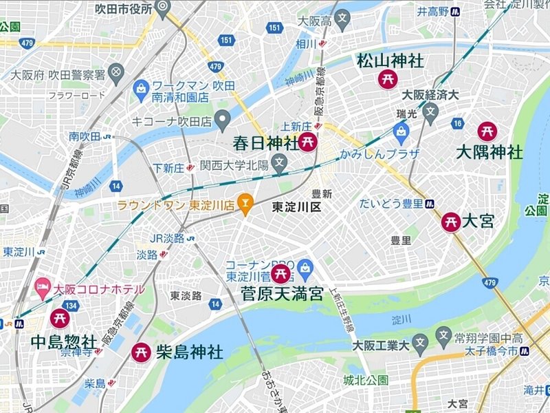 東淀川区神社地図