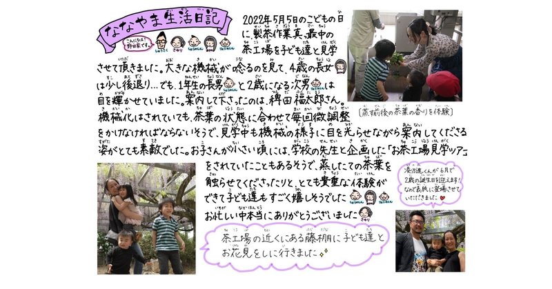 【子連れ田舎移住】茶工場と藤棚のお花見『ななやま新聞2022年6月号』