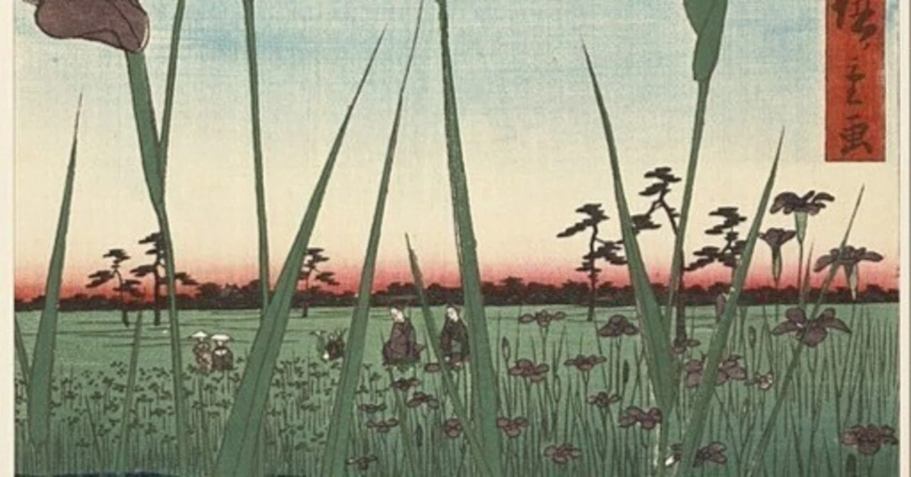 堀切の花菖蒲」−花の妖精も景色に服を合わせて来てる−『名所江戸百景