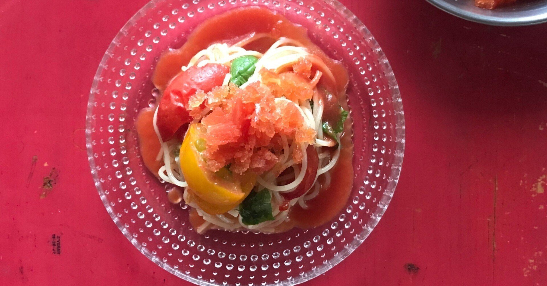 冷製カッペリーニパスタ オリジナルトマトジュースで Vegehati Note 冷製カッペリーニパスタ オリジナルトマトジュースで Vegehati Note