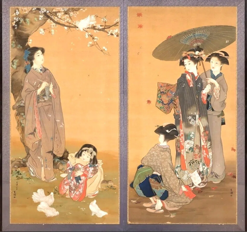 右側《もの詣で》左側《春の日》池田蕉園 福田美術館蔵