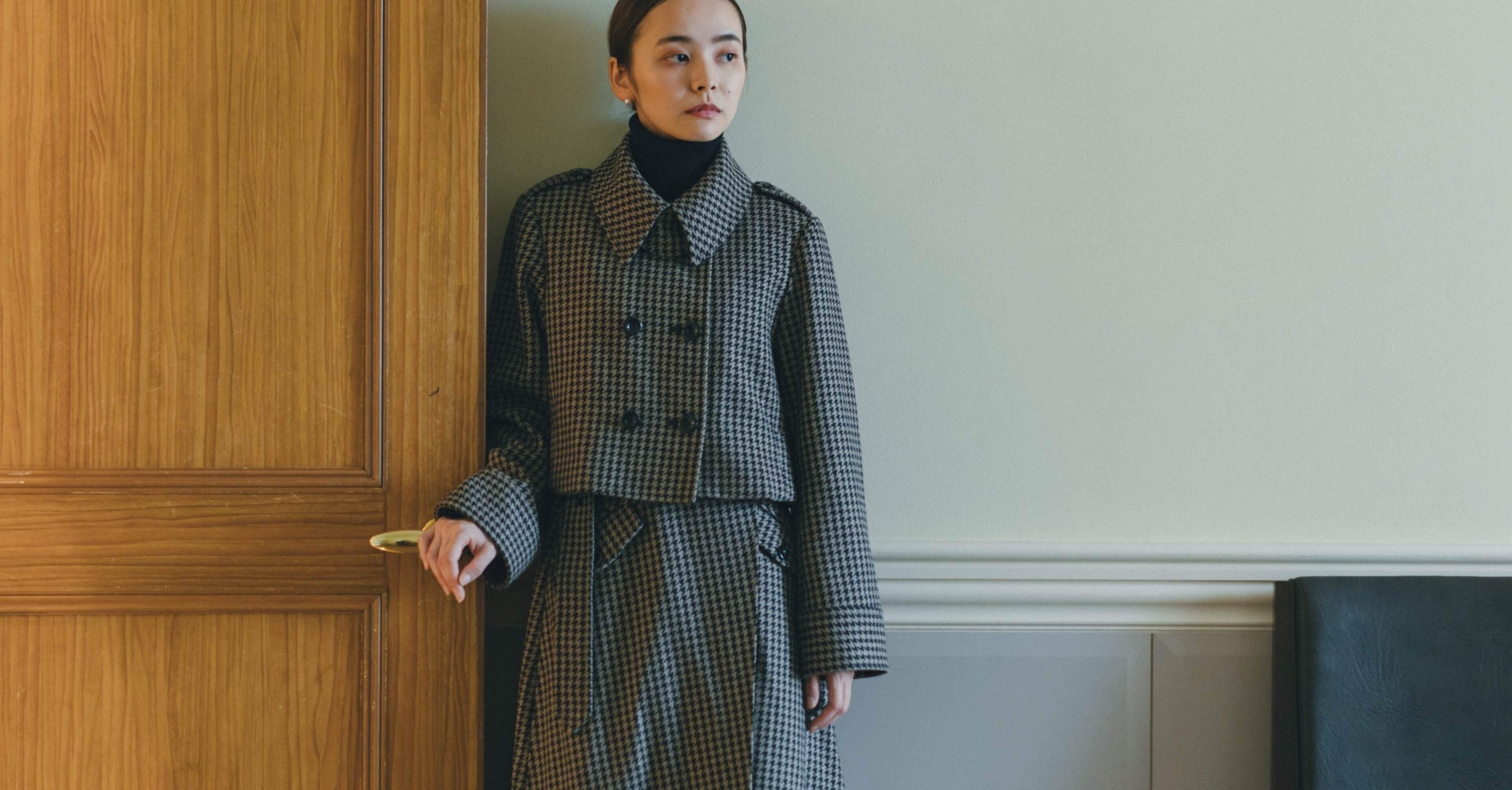 houndstooth cropped jacket & houndstooth asymmetry skirt〈AW新作