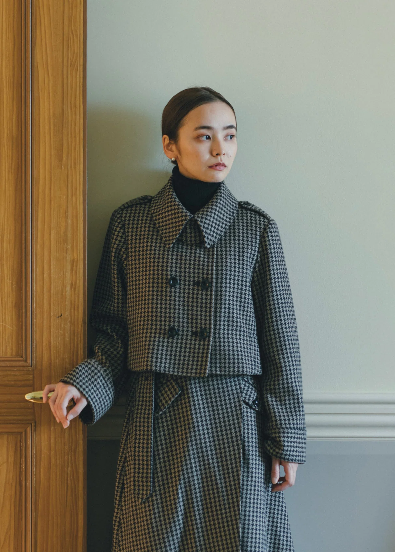houndstooth cropped jacket & houndstooth asymmetry skirt〈AW新作