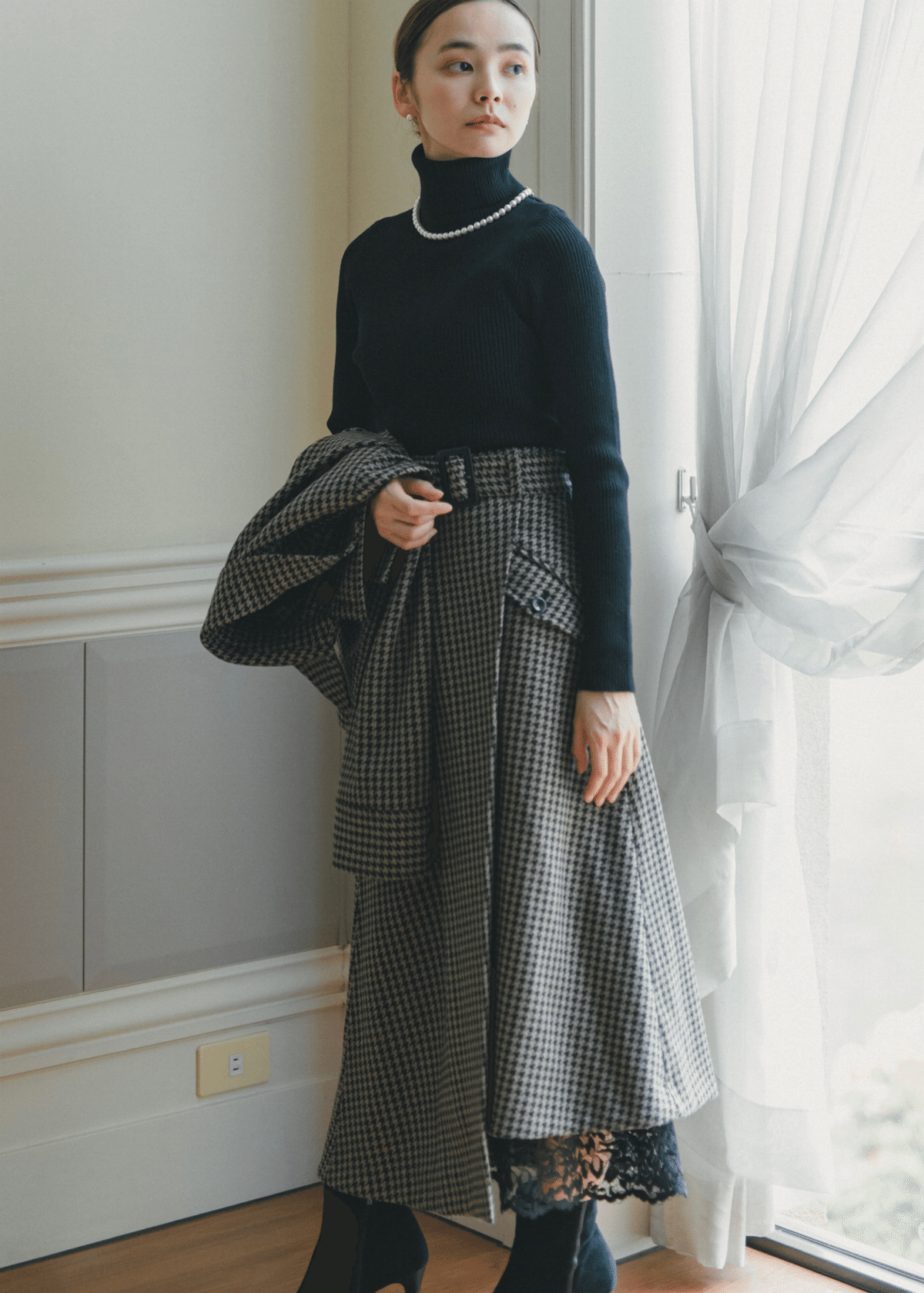 houndstooth cropped jacket & houndstooth asymmetry skirt〈AW新作