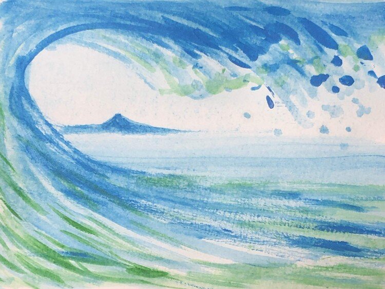 人生一度きりのチューブライディング1980年代のこと。グラッシィ・オフショアのパーフェクトウェイブでした。元の絵は鏡面、左右逆です。ただ一本で満足です。富士山はウソのオマケです。北斎のマネ。舟はナシ。