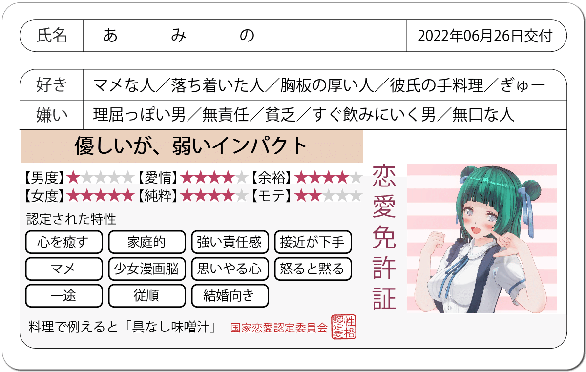 性格診断おまけ 恋愛の方の免許証もやってみました 圧倒的女度の高さよ 確かに理屈っぽい人は苦手ですね あみの Note