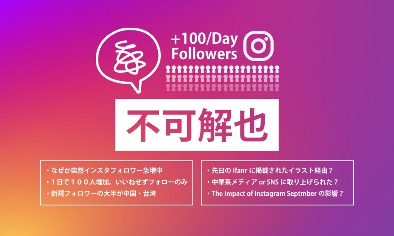 考察 不可解也 １日でインスタフォロワー１００人急増するも原因不明 中国 台湾 が大多数 どっかに取り上げられたんだろうか Koukichi T Sns速報 ストックフォトグラファー Note