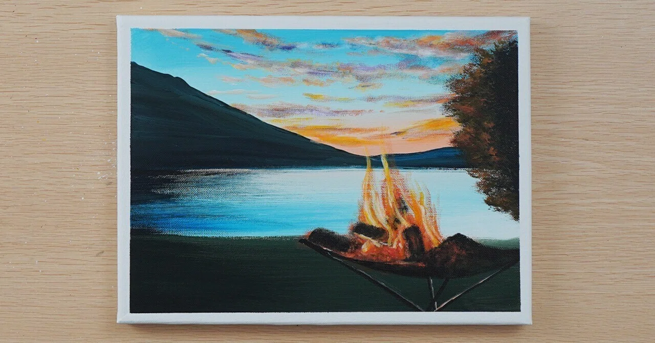 絵の具 焚き火 絵画 アクリル絵の具で 湖畔のキャンプ を描いてみた