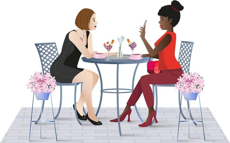 イラスト・女性・カフェ・会話・オシャレ・オープンテラス
