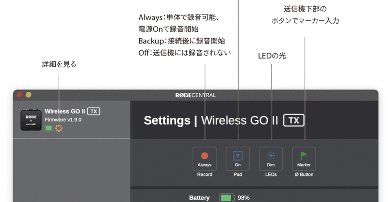 Wireless GO IIの「RODE Central.app」