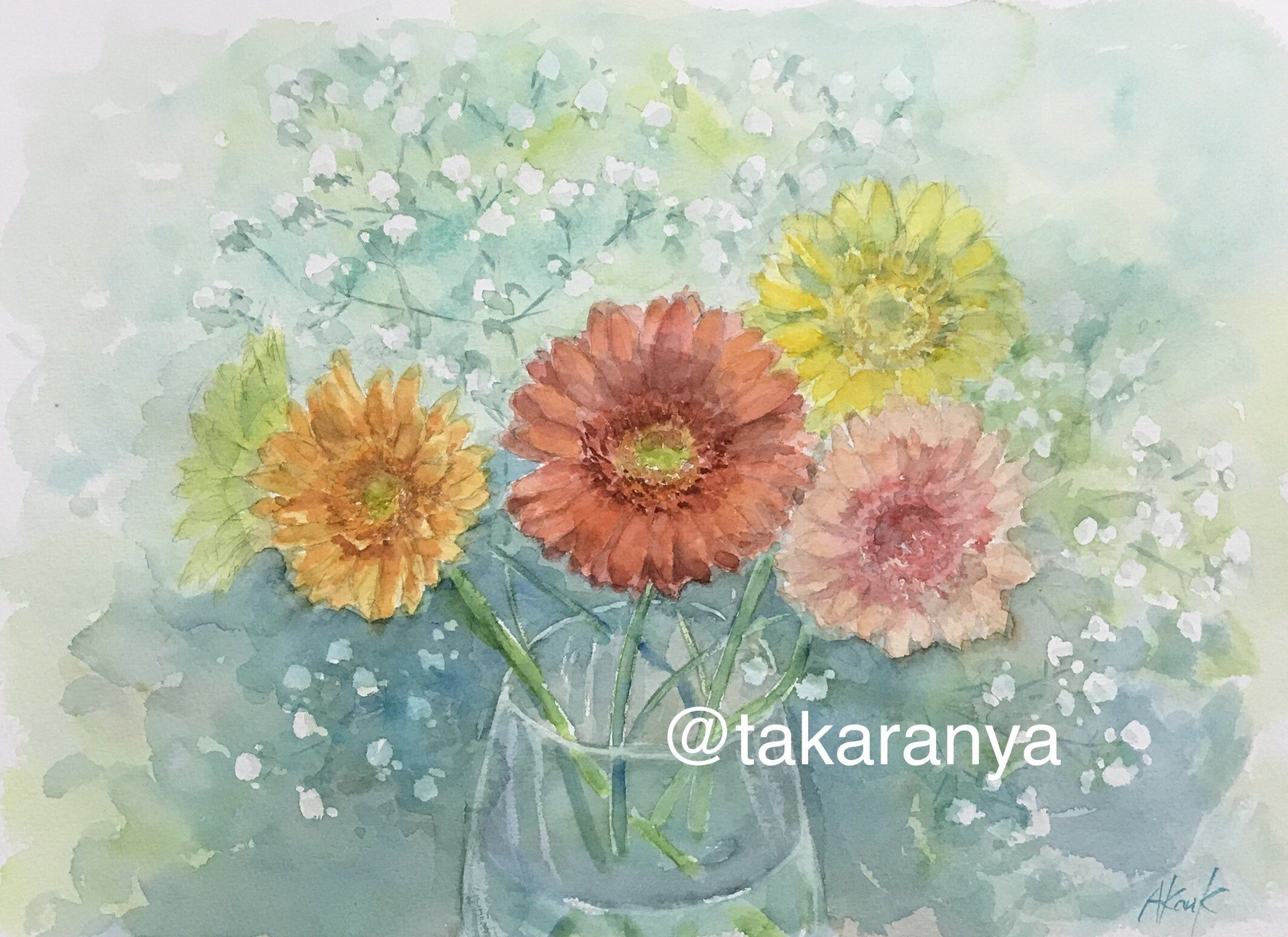 【お花の妖精　ガーベラ】イラスト　グラスアート　水彩画　原画 お花の妖精 ガーベラ】イラスト グラスアート 水彩画 原画 お花の妖精