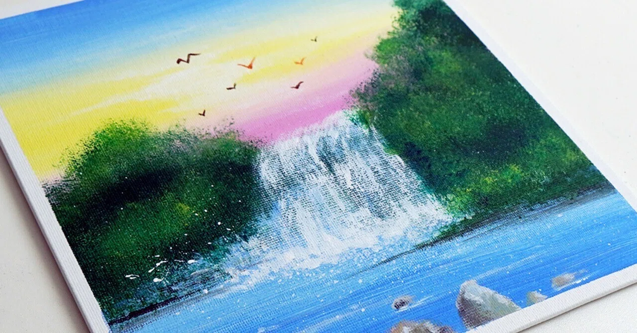 朝方の景色　アクリル画　原画 アクリル絵の具で「朝焼けの滝」を描いてみた｜junya_art