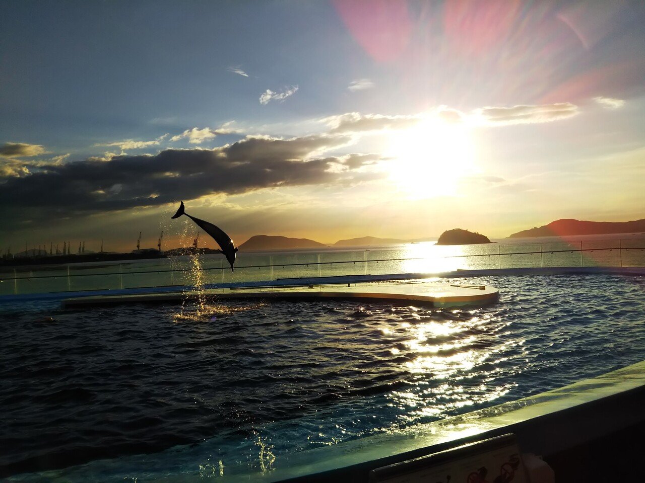 宇田津の四国水族館へ行ってきました 瀬戸内海のサンセットに合わしてイルカのショーを みました とろけたピーチネクターのような夕焼け空にイルカ のシルエットが綺麗でした 帰りは娘がごねたり 帰りの車中で車 森川響喜 Note