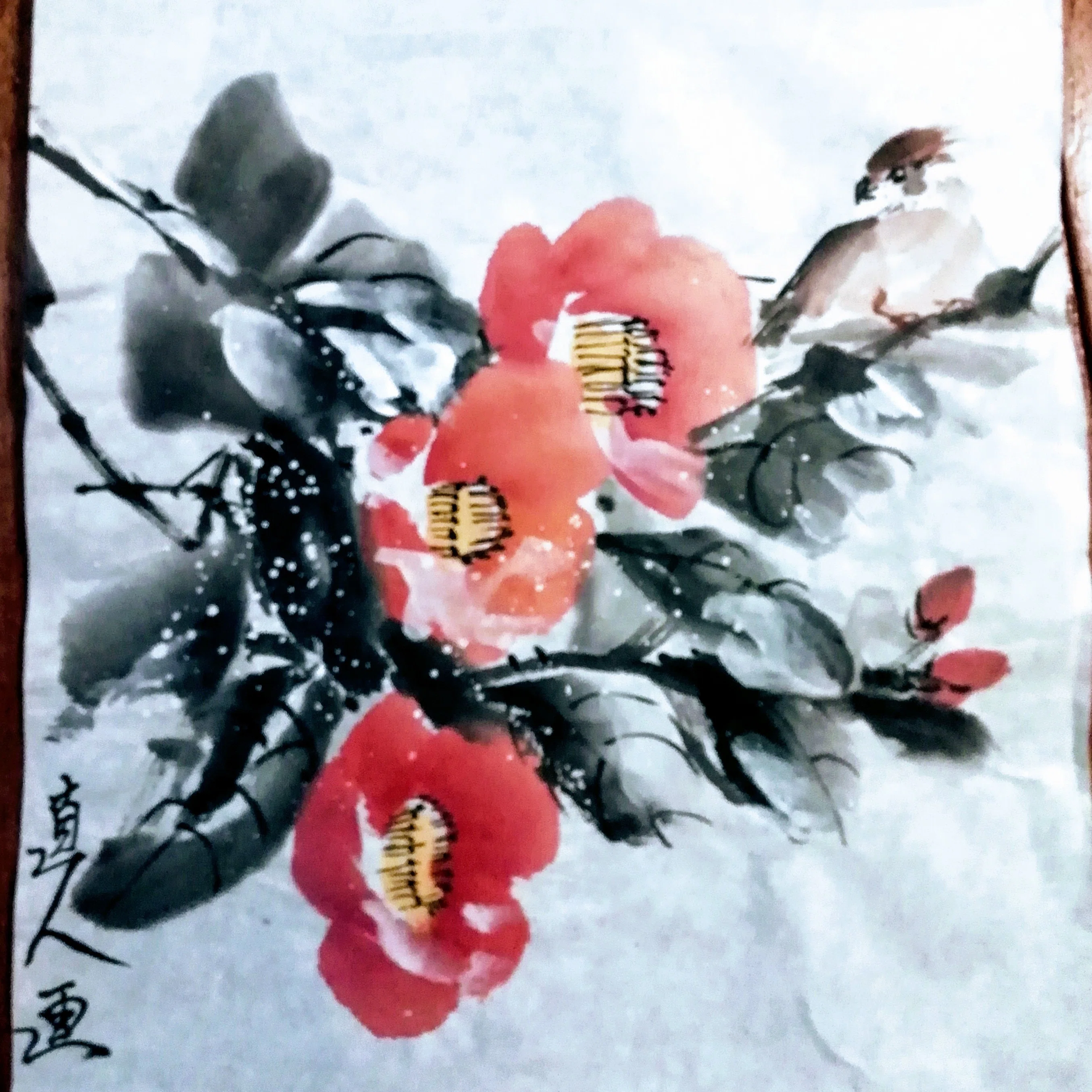 水墨画 雪椿と鳥 まだ練習中｜いわきりなおと