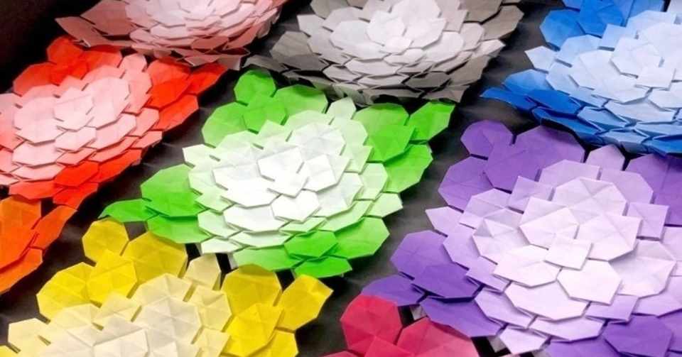 折り紙展示レポ 館長さんのあじさい折り 花折りピラミッド が美しすぎる まさにぃ Note