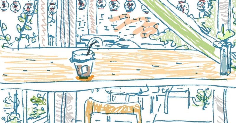 今日のイラスト「暑いのでコーヒー屋さんで涼む」描きました