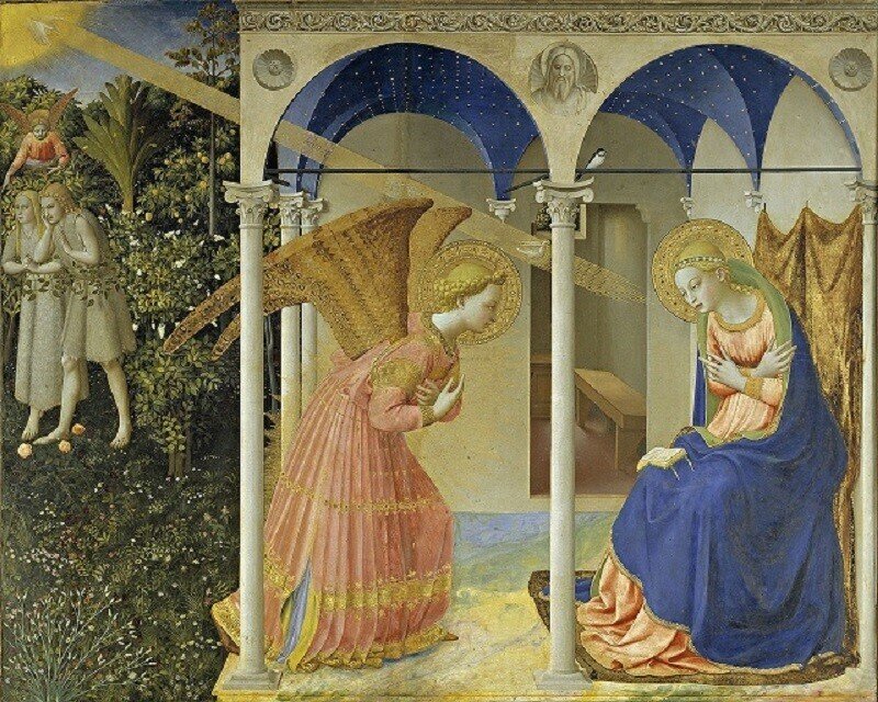 絵 Annunciation 受胎告知 Fra Angelico フラ・アンジェリコ 光の川 光線 アダムとイブ 失楽園 天使ガブリエル 聖母マリア