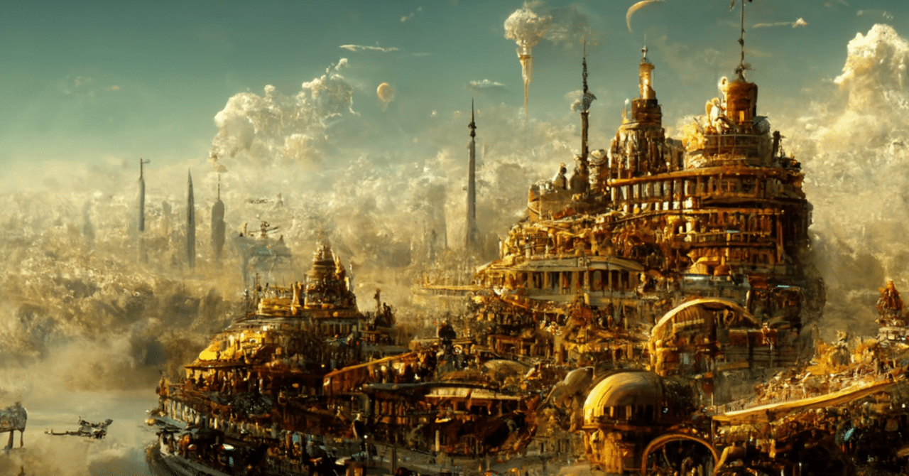 金色のレトロカーと都市風景のアート 検証】AI作画の時代に人間が勝てる領域を探る～Midjourneyで「えんとつ