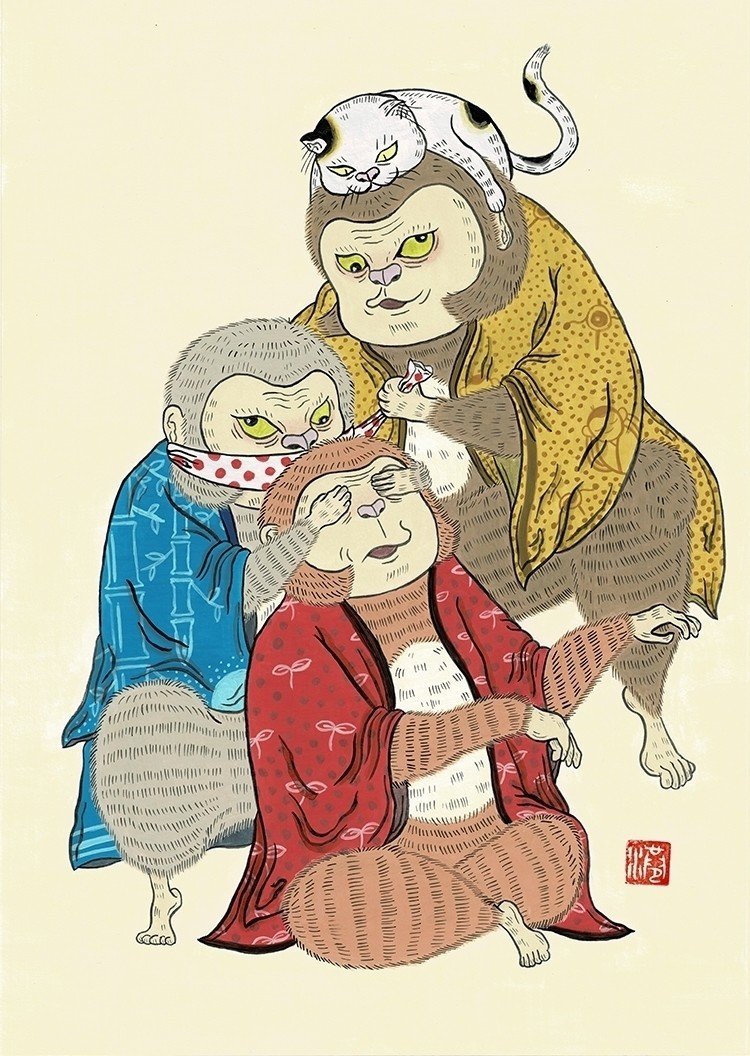 「見せない」 「言わせない」 「聞かせない」  三猿がいない世界もまた平和に幸せであれ。https://www.kakimono.biz/illustration/573.html