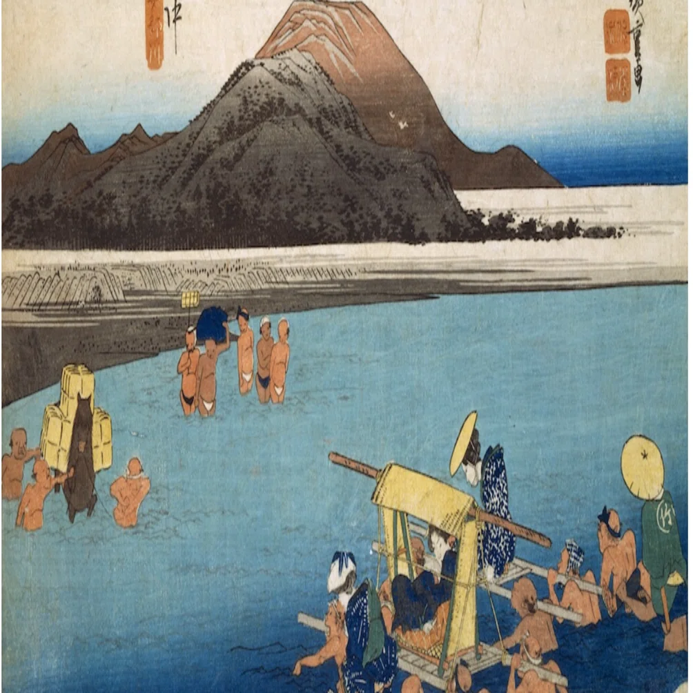 浮世絵、東海道五十三次名画之書分神奈川川崎、三代豊国&河鍋曉斎画 河鍋暁斎 ・歌川芳虎「書画 五十三駅 武蔵川崎弥次郎喜太八」明治5年
