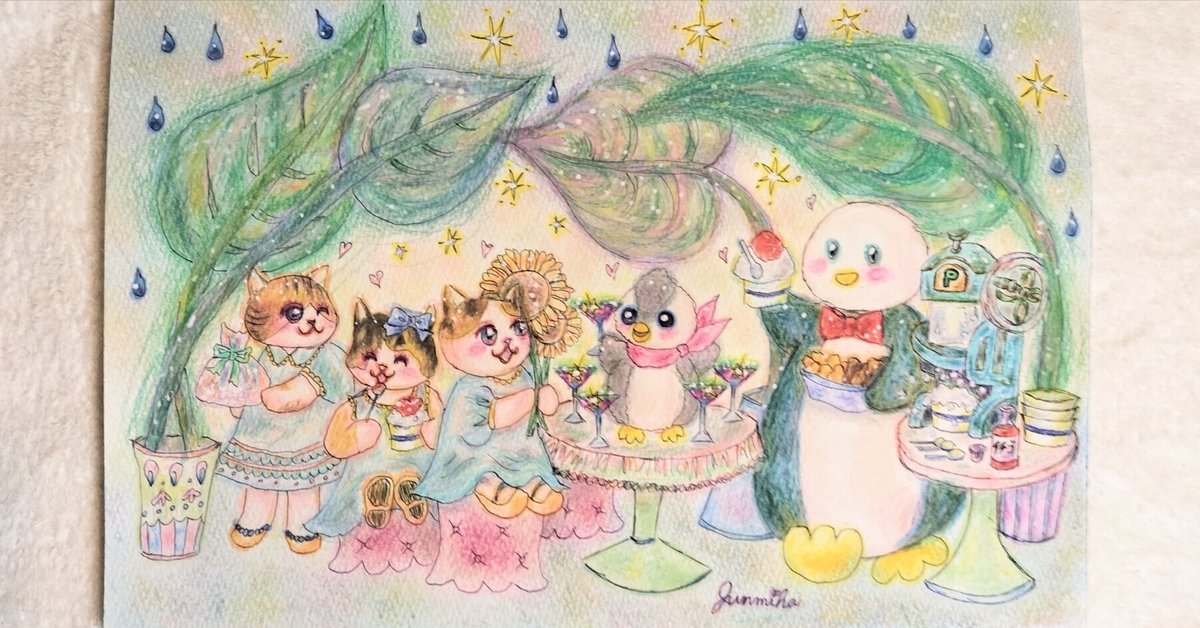 絵画。原画【猫ちゃんは鳥と一緒にお菓子を楽しく食べます】 絵画。原画【猫ちゃんは鳥と一緒にお菓子を楽しく食べます】