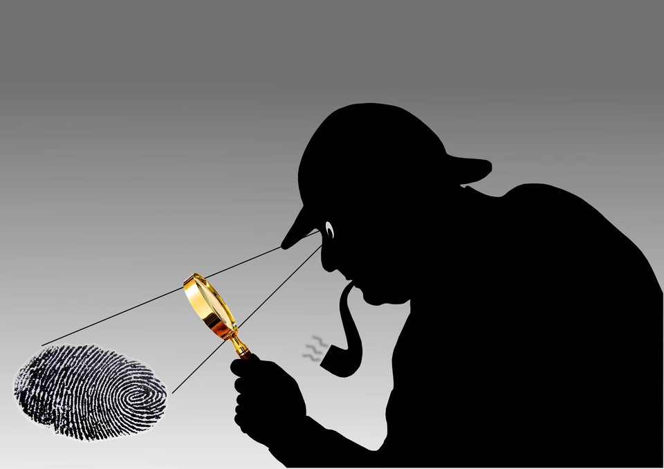 イラスト・シャーロックホームズ・探偵・鑑定・捜査・虫眼鏡・ルーペ・指紋・シルエット