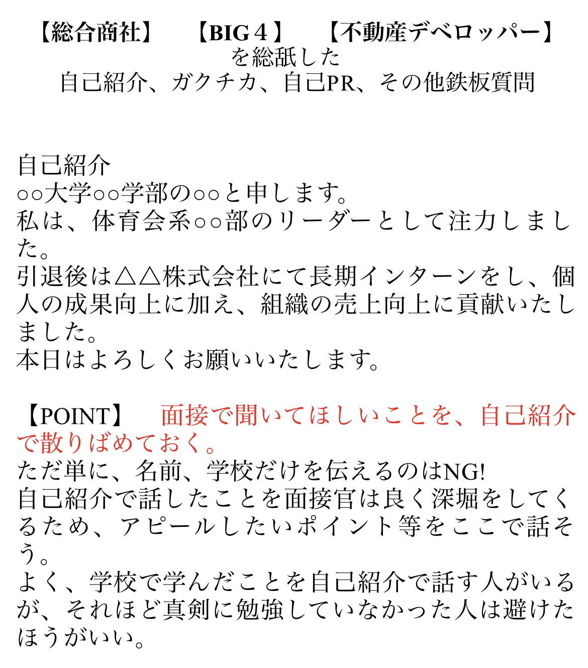 BIG4 最速内定者による 面接対策資料｜面接0敗|就活ブログ