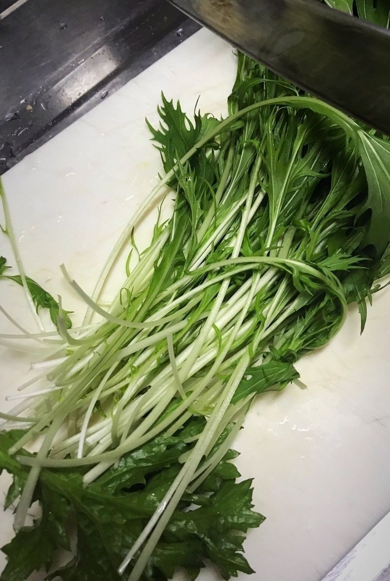 わさび菜と水菜のサラダ 牛バラ焼肉炒めとともに 親孝行料理 Katsuyuki Note