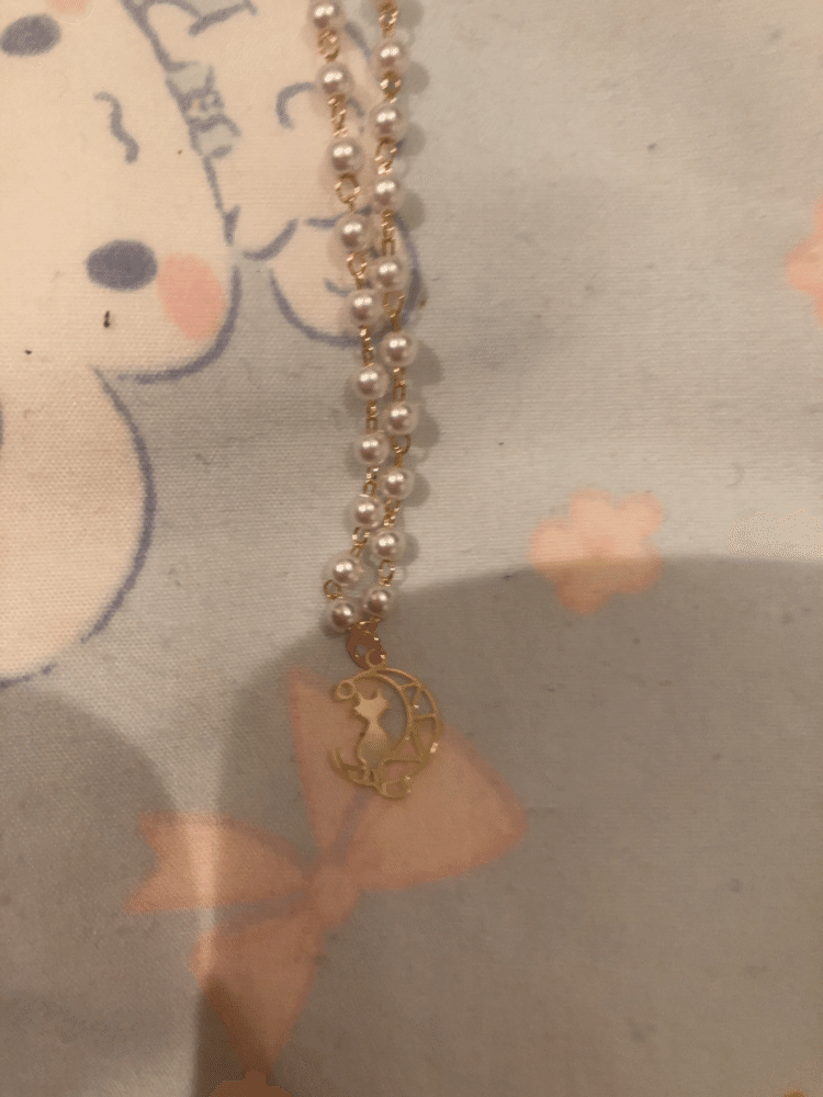 ちぃちゃんでしゅ❣️先週土曜日に健康診断があって、久々にパーツクラブに行ってきて、アクセサリーの材料買って作りました。これはネックレスです。猫さんの可愛いチャームのネックレス。