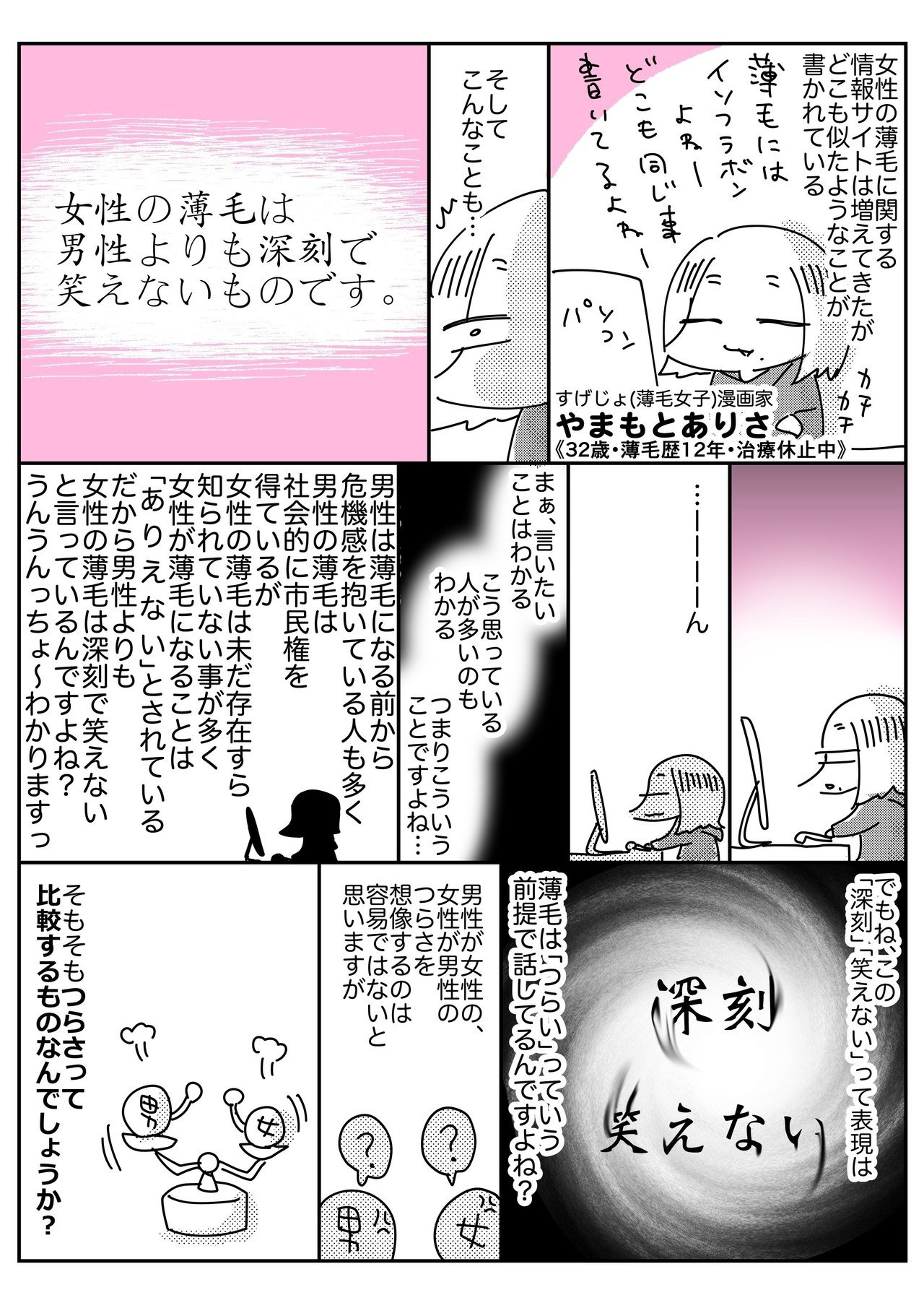 おんな薄毛道vol 更新しました 薄毛男子のつらさとは何なのかを調査しました 男性は ハゲ をからかうコミュニケーションを強いられ 女性の 薄毛 は必要以上に深刻化されている Arisa Note おんな薄毛道vol 更新しました 薄毛男子のつらさとは何なのかを調査しました 男性は ハゲ をからかうコミュニケーションを強いられ 女性の 薄毛 は必要以上に深刻化されている Arisa Note