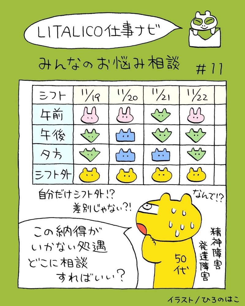 みんなのお悩み相談 11 障害者雇用枠 職場での納得のいかない処遇 どこに相談すれば良い Litalico仕事ナビ 編集部 Note