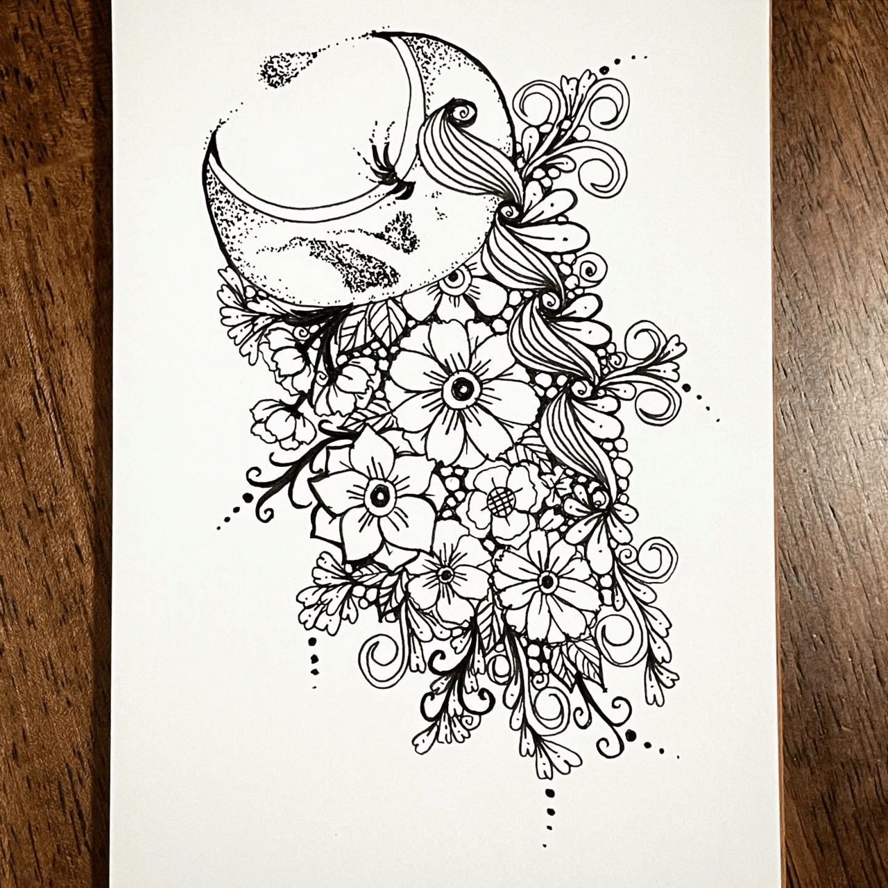 土曜絵画 Inktober22 月と花のゼンタングル ちびまゆ Note