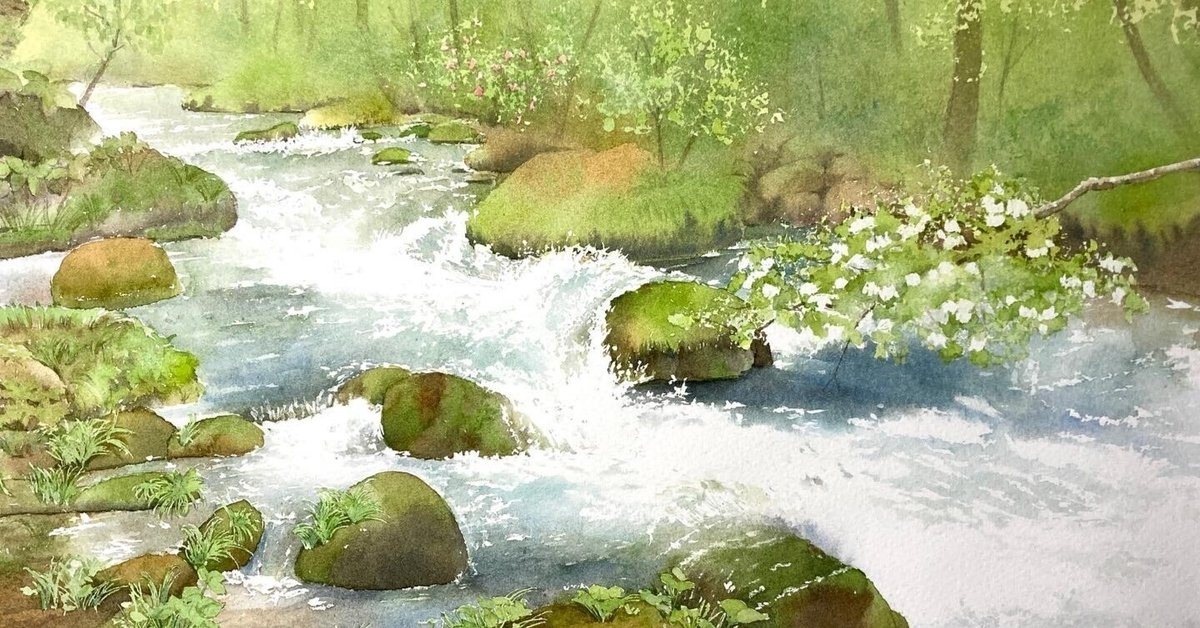 絵画「渓流の釣り」　水彩画 水彩画 奥入瀬渓流 メイキング｜風夜