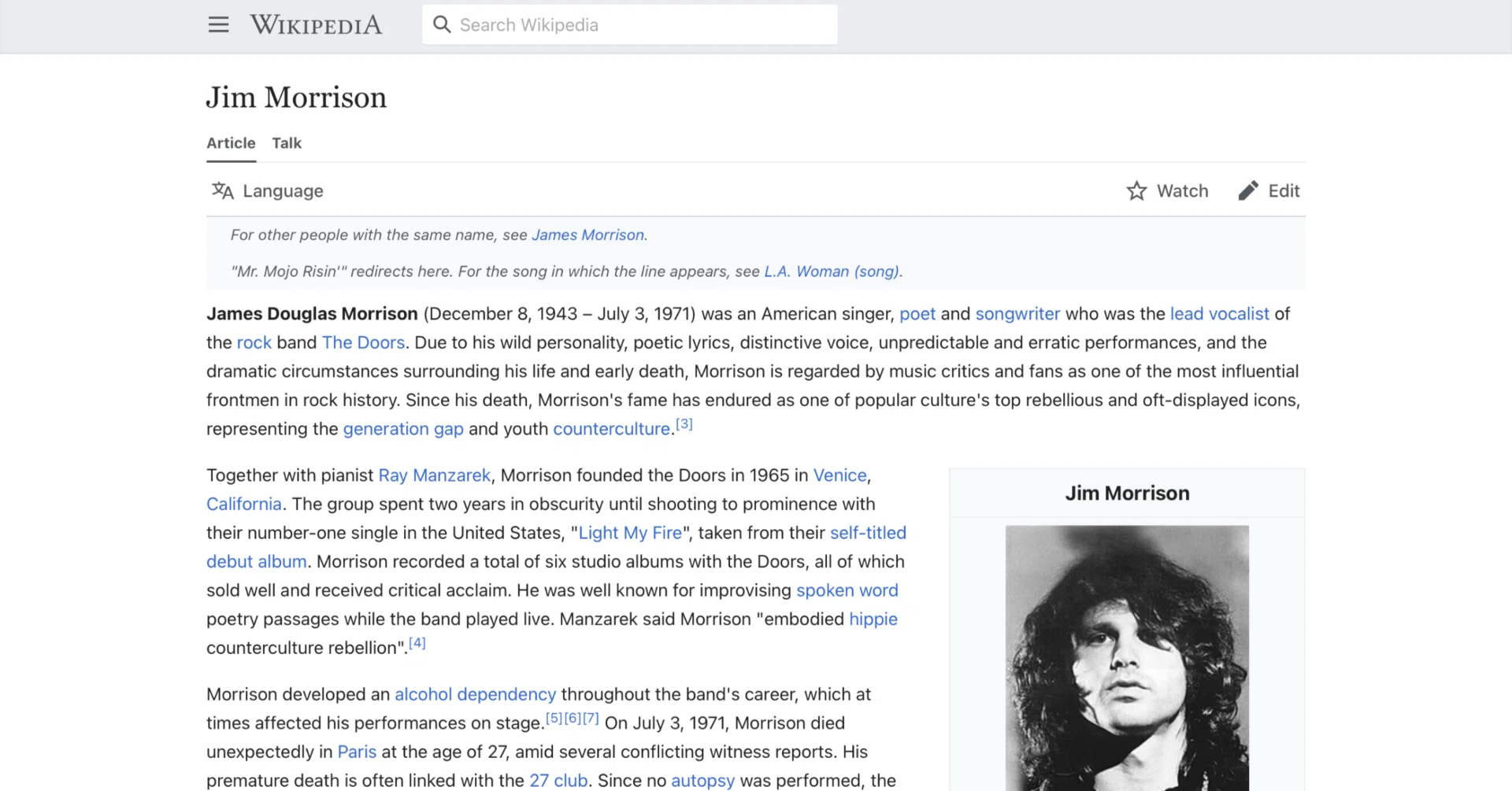 ジム・モリソン】英語版ウィキペディアを日本語で読む【Jim Morrison 