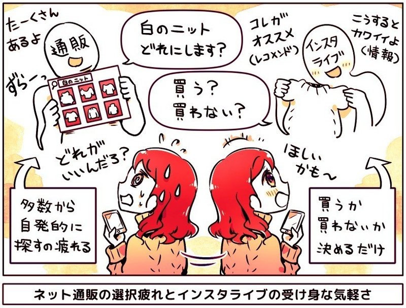 ネット通販は 選択だらけ で疲れる インスタライブは 買うか買わないか 決めるだけ 代女子が語る 選択疲れ とインスタライブで服を買うのが快適な理由 アプリマーケティング研究所 ネット通販は 選択だらけ で疲れる インスタライブは 買うか買わないか 決めるだけ 代女子が語る 選択疲れ とインスタライブで服を買うのが快適な理由 アプリマーケティング研究所